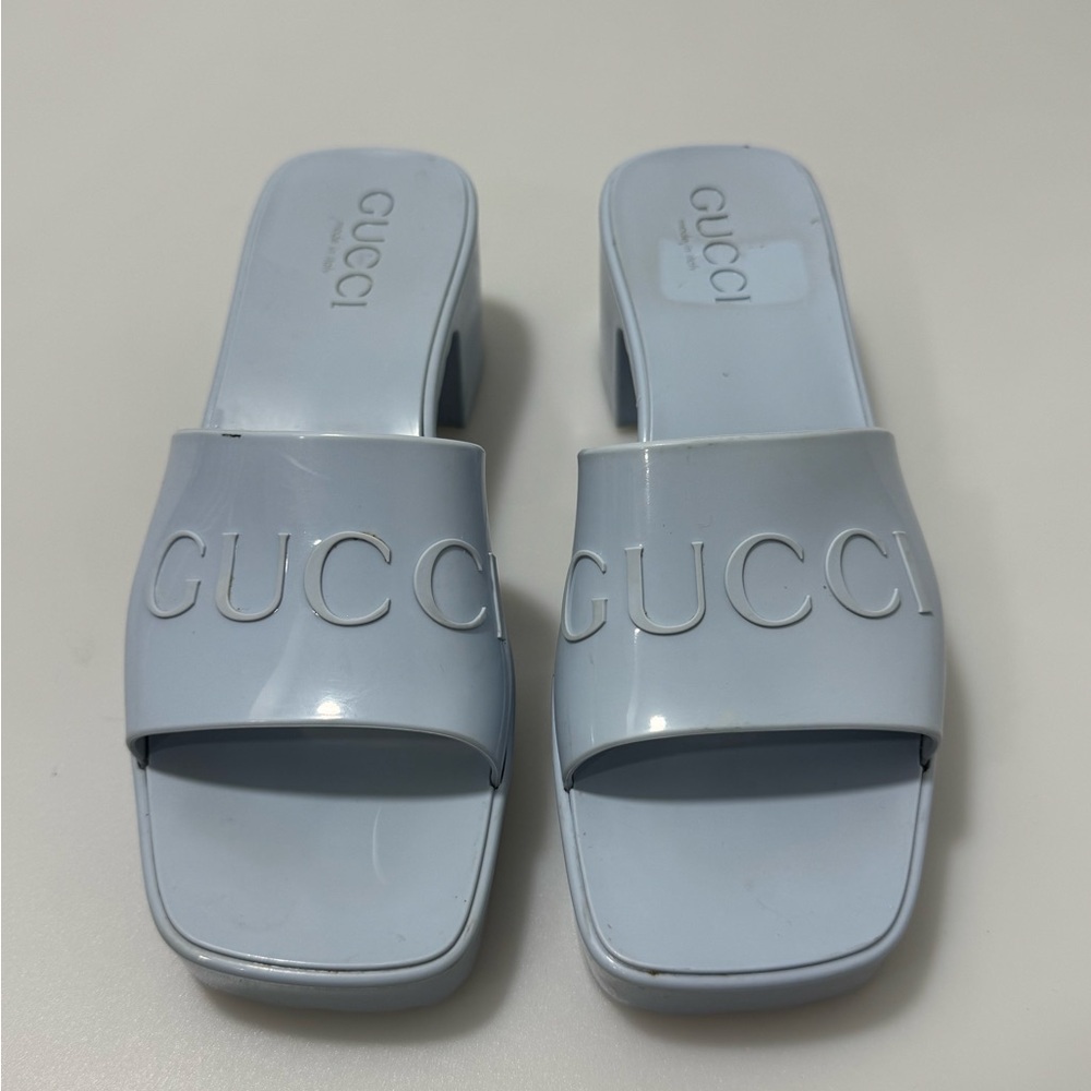 Gucci Rubber Logo Platform Sandals Porcelain Light Blue Size 34G